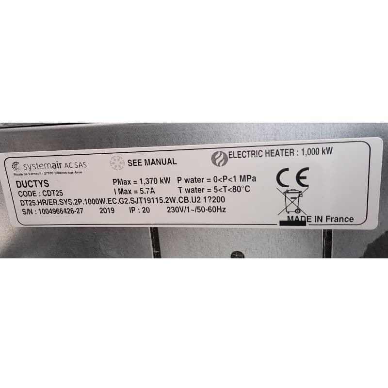 Ventilo convecteur Ductys CDT25 - 2 Tubes 3,2kW - 2 Fils 1kW - 640m³/h vue 5