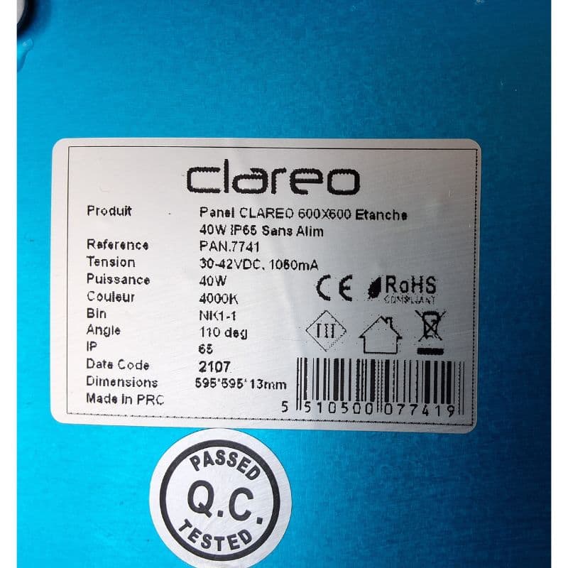 Dalle LED 600×600 – 40W – 3400lm – 4000K – IP65 vue 2