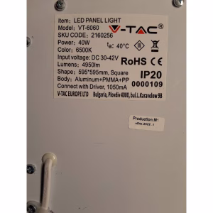 Dalle LED 600×600 – 40W – 4950lm – 6500K – IP20