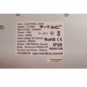 Dalle LED 600×600 – 40W – 4950lm – 4000k – IP20